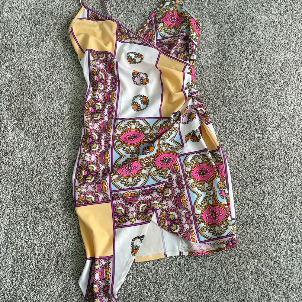 Venus Asymmetrical Women’s Pink and Yellow Summer Dress, Size Medium